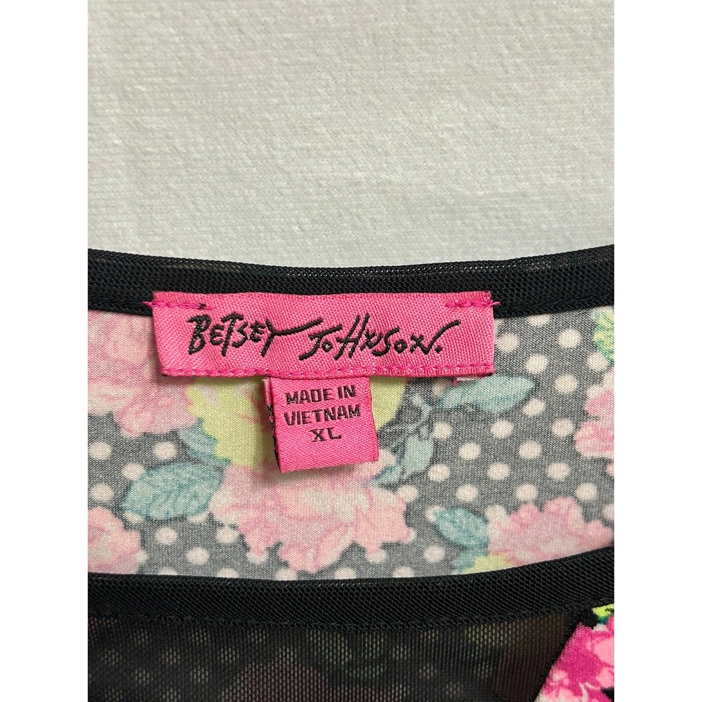 Betsey Johnson Womens XL Floral Polka Dot Mesh Long Sleeve Top Black Pink V-Neck - Picture 7 of 12